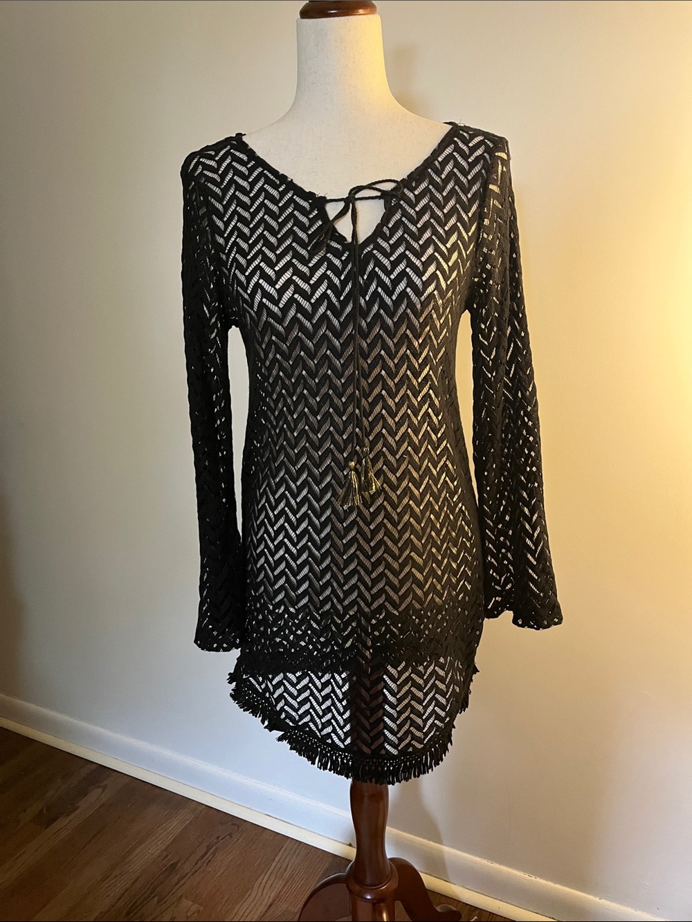 Black Crochet Swim Coverup Tunic with Tie Front